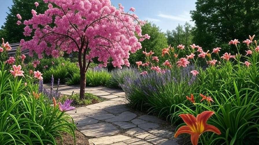 Weeping peach tree centerpiece in a garden with lavender, daylilies, and stone path."