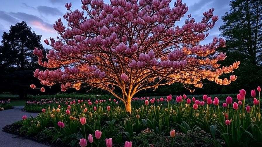 Magnolia tree with pink and white blooms and uplighting in a landscaped garden at dusk."