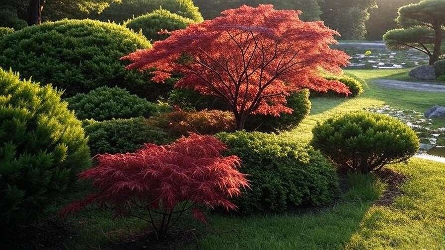 Japanese Maple with red foliage in a landscaped garden with evergreens".