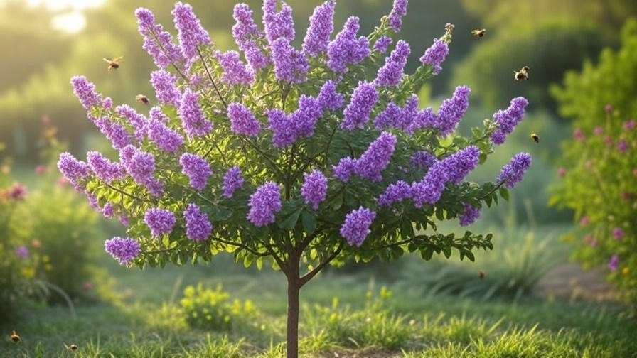 Vitex tree with bees and butterflies in a Texas pollinator garden".