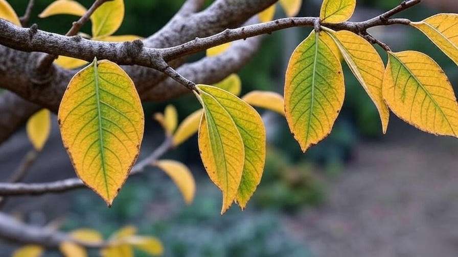 Yellowing leaves on Red Baron Peach Tree due to nutrient deficiency.