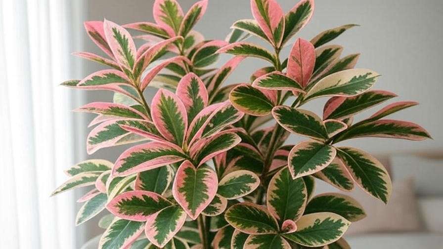 "Variegated rubber tree thriving near a bright window with sheer curtains"