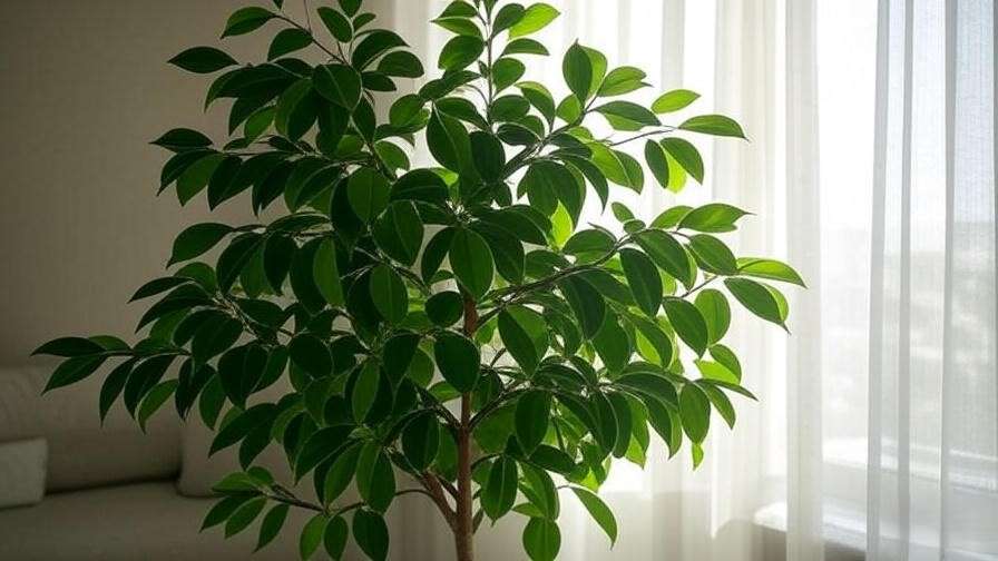 Ficus tree thriving in bright indirect light near a window with sheer curtains."