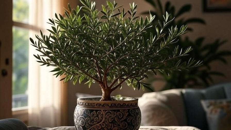 Black olive tree indoor near window with bright indirect sunlight and decorative pot."