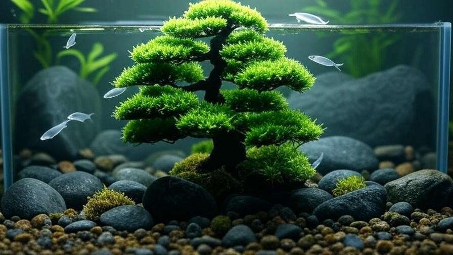 Aquarium bonsai tree with Christmas moss and neon tetras under LED light.