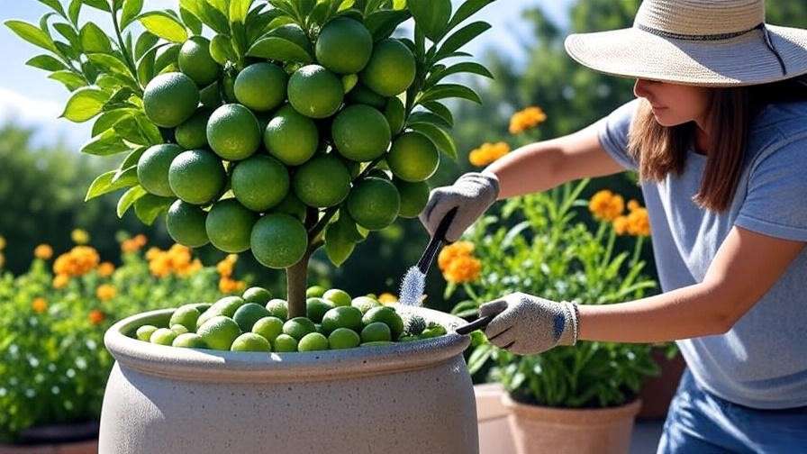 Thriving lime tree in a pot with green fruits and gardener applying fertilizer"