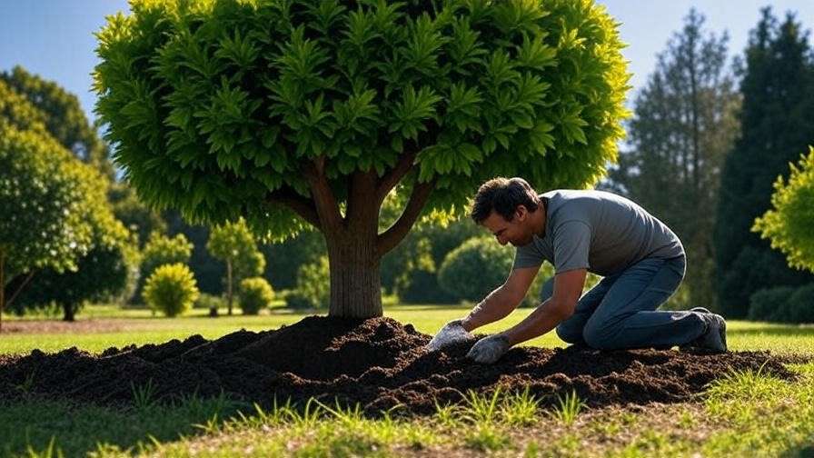 Gardener fertilizing tree with granules and compost for healthy growth."