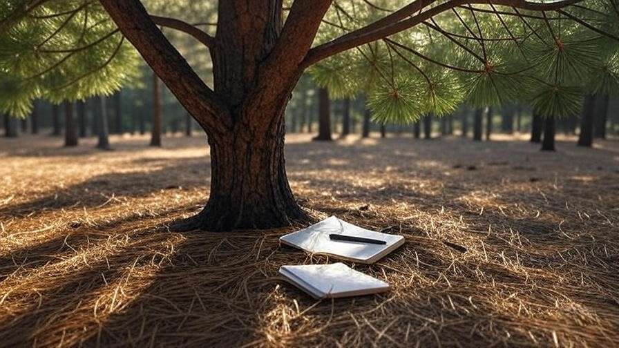 Mature pine tree with notebook for fertilizing monitoring."
