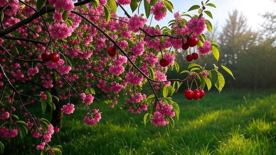 Healthy cherry tree with pink blossoms and ripe cherries in a serene garden"