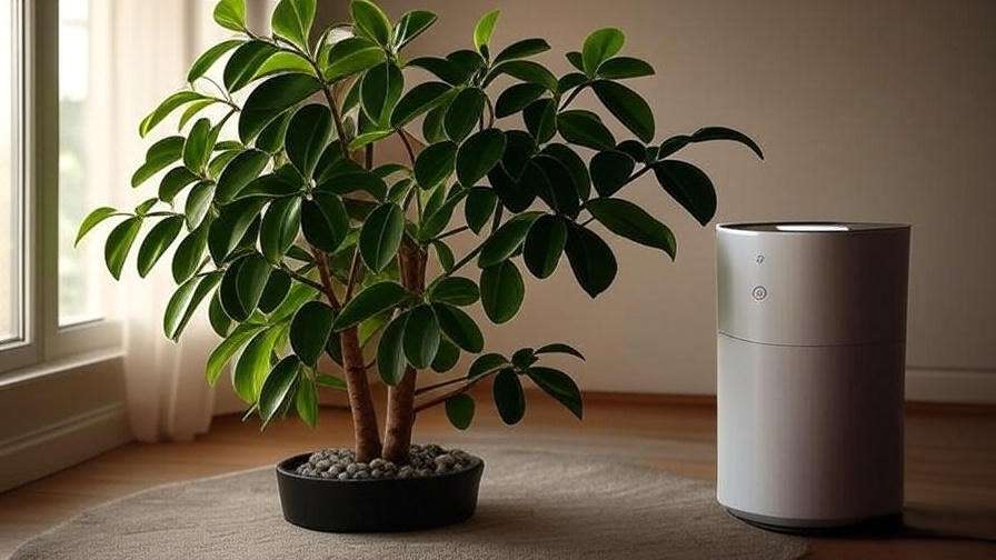 Jewel tree with lush leaves next to a humidifier in a warm indoor setting"