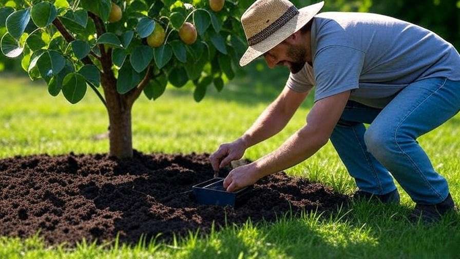 Gardener testing soil near pear tree with soil kit, healthy soil and grass