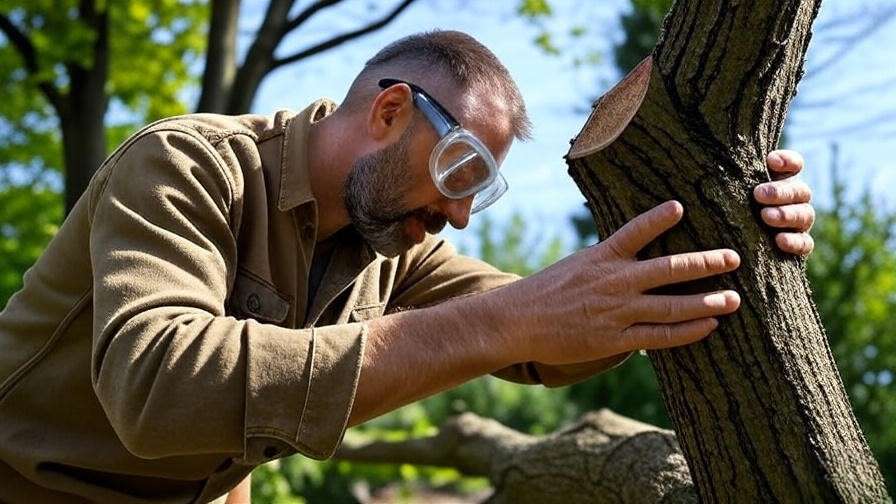 Step-by-step three-cut method for pruning a maple branch in a sunny garden.