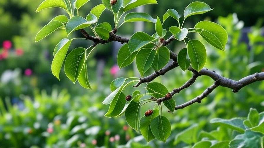 Pear tree branch with ladybugs and garlic plants for pest control."