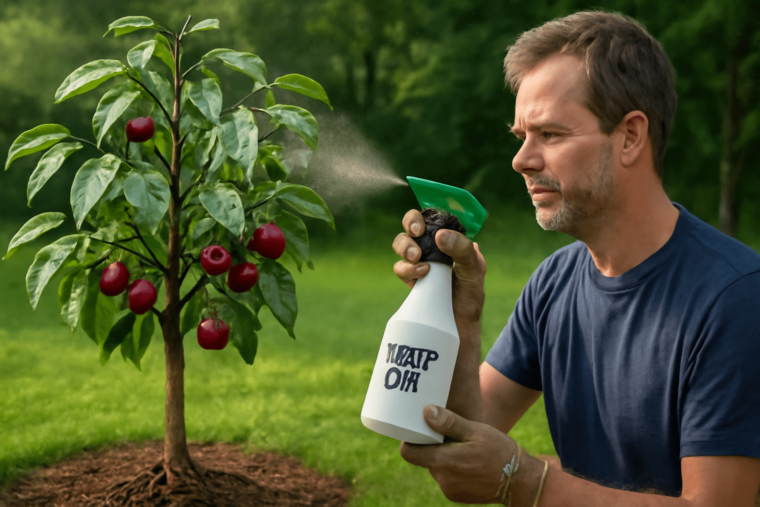 Gardener treating cherry tree powdery mildew with neem oil"
