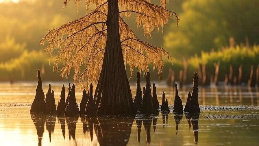 Bald cypress tree with cypress knees in flooded Louisiana wetland showing flood tolerance"