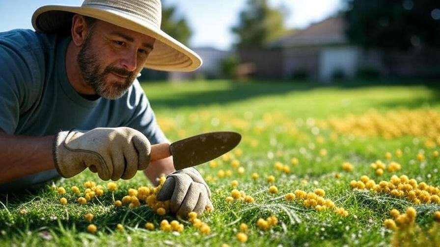 Gardener removing invasive mimosa seedlings with a trowel in a garden."