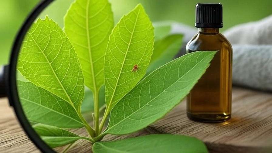 Close-up of Money Tree leaf with spider mite under magnifying glass and neem oil."
