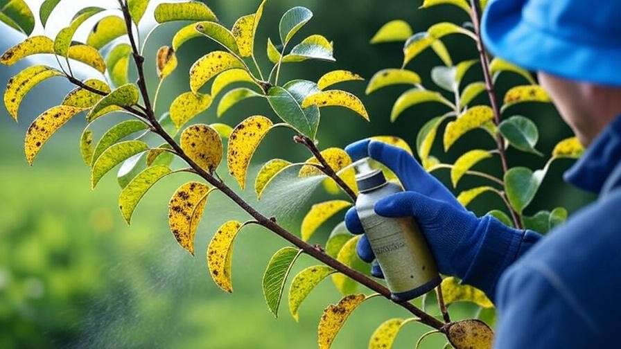 "Gardener applying organic spray to pear tree leaves with yellowing and black spots in a lush garden."
