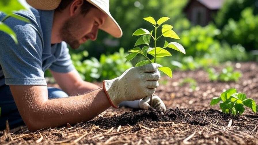 Gardener removing Tree of Heaven seedling with gloves and trowel in mulched garden bed".