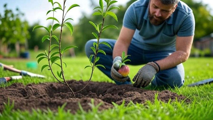 Gardener planting a flower peach tree sapling with compost and tools in a garden