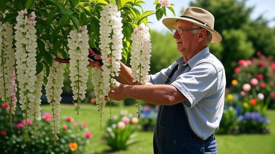 "Gardener pruning a blooming locust tree in a sunny garden with colorful flowers".