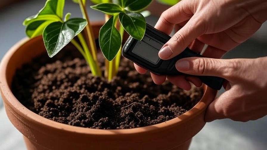 Hand checking soil moisture of a jewel tree with a moisture meter in a draining pot"