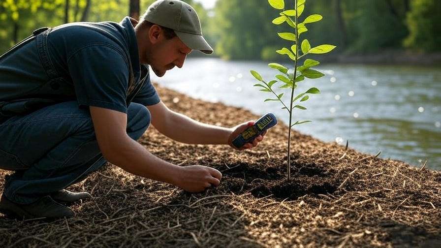 Gardener testing soil moisture with a young tree sapling near a riverbank".