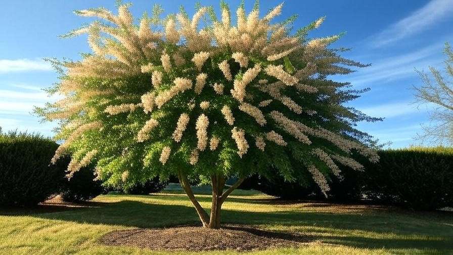 Locust tree with cascading blooms in full sunlight with pruned shrubs".