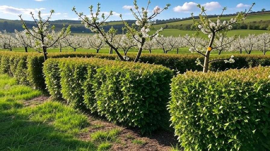 Cherry orchard with windbreak hedges and healthy fruit trees in a rural landscape."