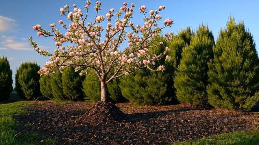 Pear tree with windbreak shrubs and mulched base, healthy blossoms."
