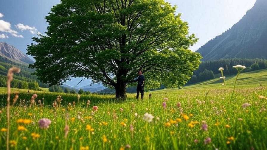 Gardener inspecting a mature mountain tree in a lush alpine meadow".