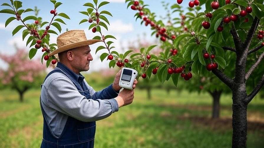 Farmer using moisture meter near cherry tree with fallen fruit
