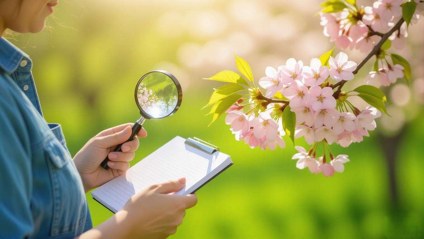 Gardener using a magnifying glass to inspect cherry tree branch for stem canker maintenance."