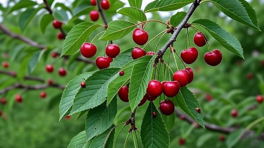 Cherry tree branch with ripe cherries and ladybugs controlling aphid infestation in orchard".