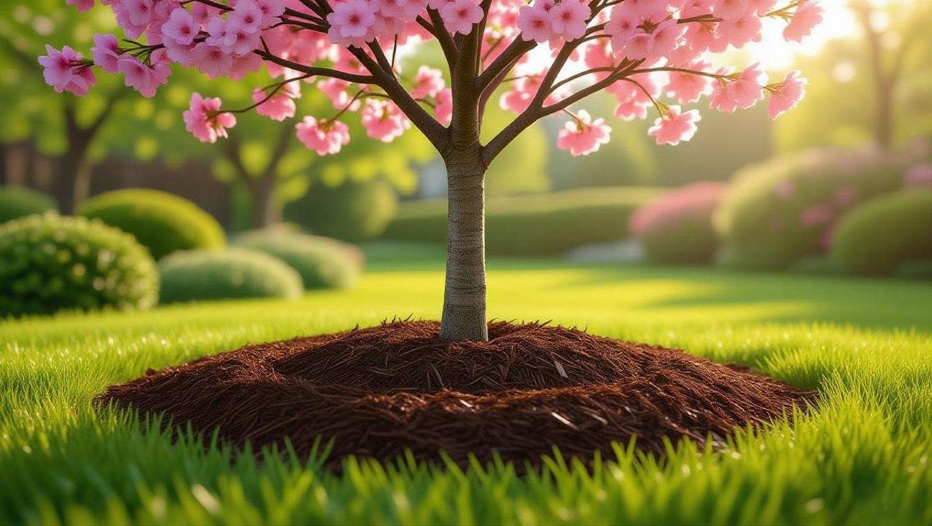 "Cherry tree with wood chip mulch in a donut shape around the base."