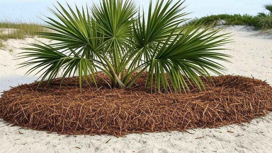 Proper mulch application around palmetto tree roots for moisture retention and health in coastal landscapes."