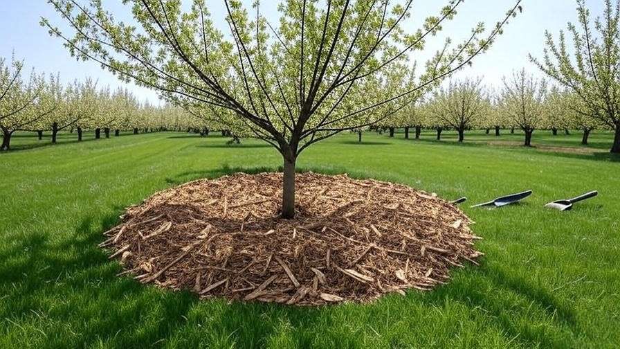 "Mulched young cherry tree in an orchard with wood chips and gardening tools"