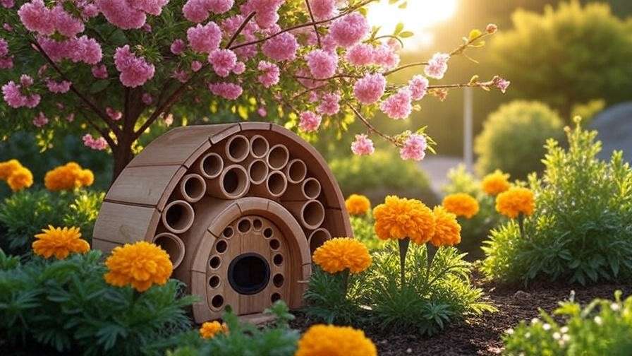Cherry tree with ladybug house and marigold flowers in garden for pest control".
