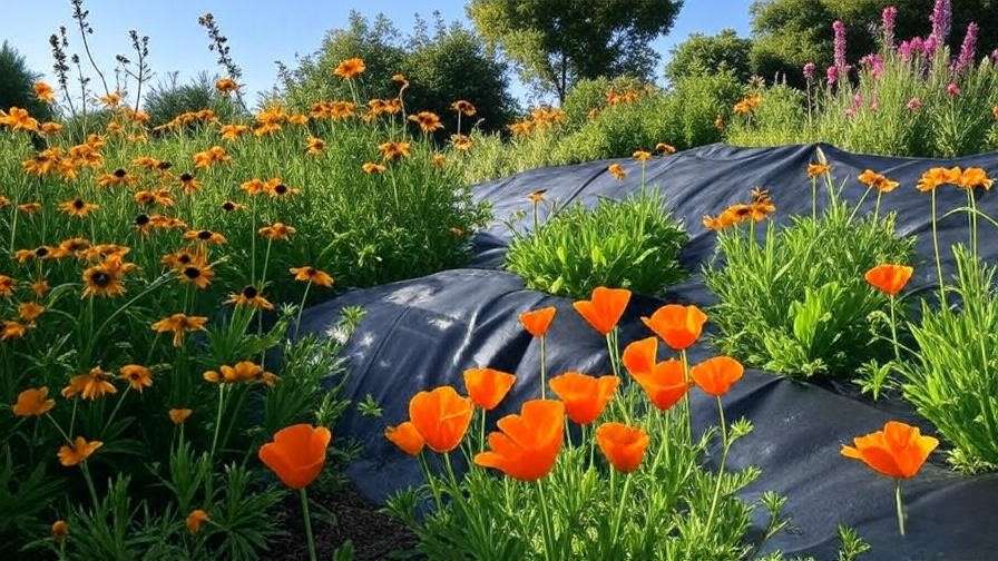 "Tarp smothering Tree of Heaven seedlings in a garden with native flowers".