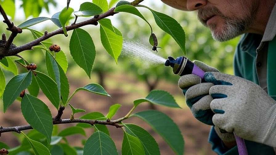 "Cherry tree branch sprayed with neem oil and ladybugs for natural pest control".