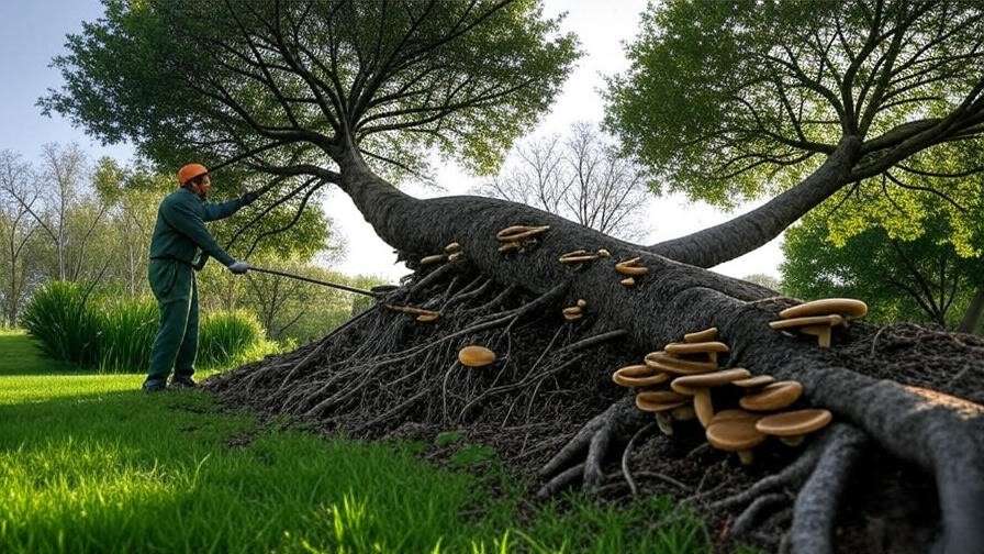 Tree with root rot and mushrooms, arborist inspecting in garden setting."
