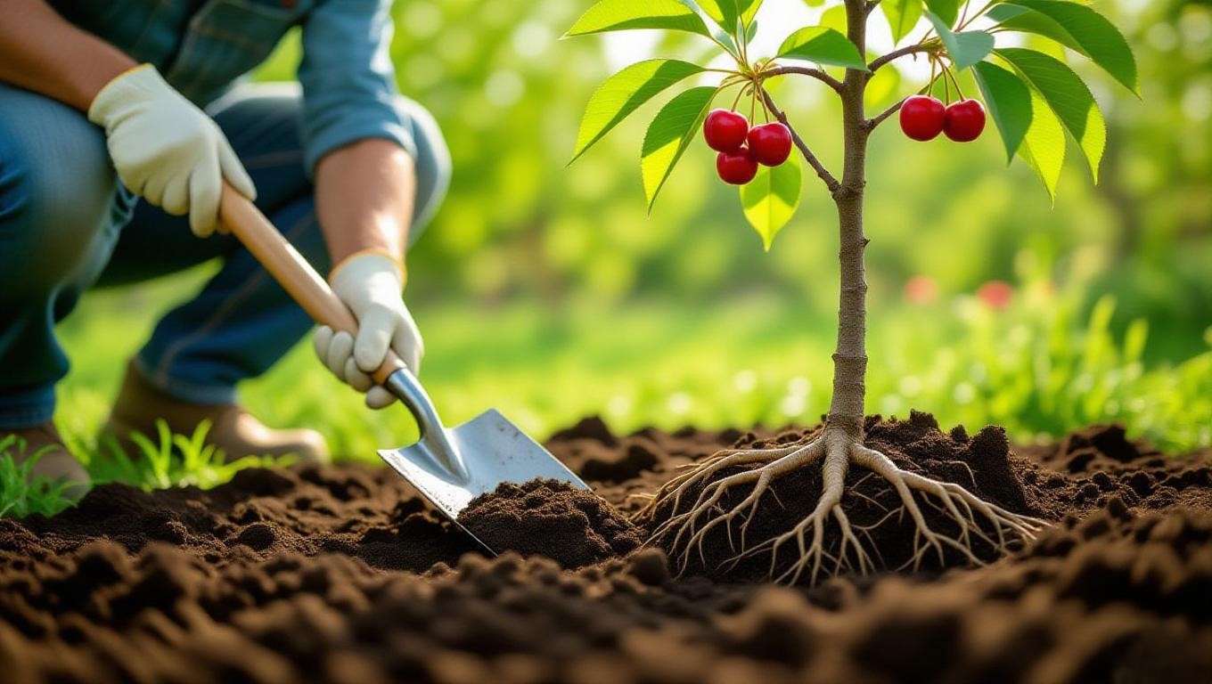 Gardener amending soil with compost near a cherry tree with healthy root