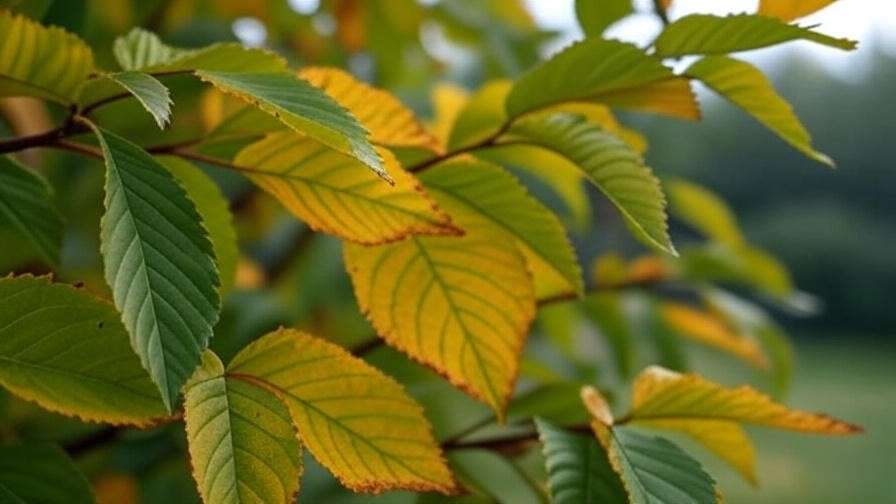 Cherry tree leaves with nutrient deficiency symptoms next to a healthy leaf."