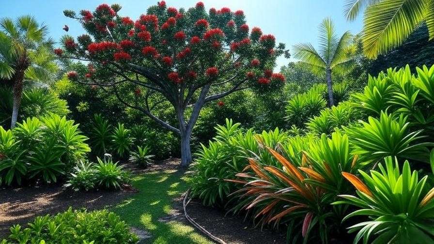 Vibrant Ohia Lehua tree with red pom-pom flowers in a lush Hawaiian tropical garden."