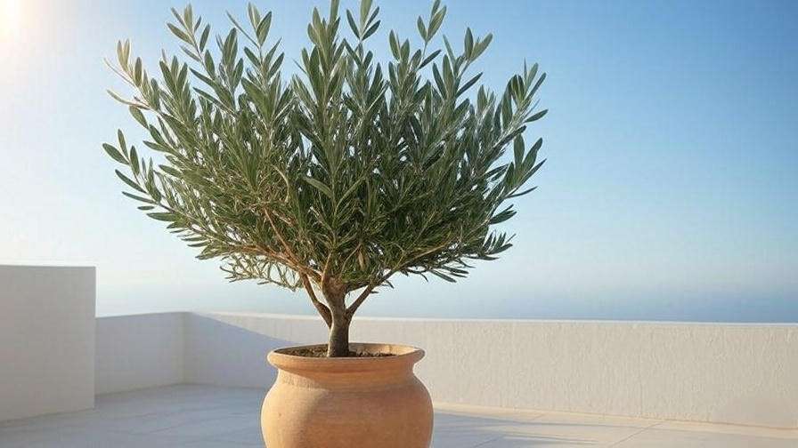 Olive tree with silvery-green leaves in a pot on a minimalist patio