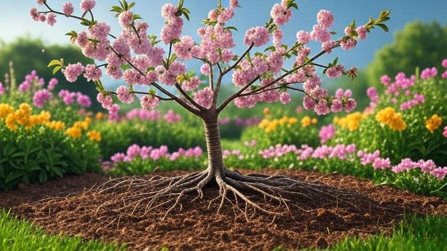 "Cherry tree with mulch ring and healthy roots in a vibrant garden with blooming flowers."