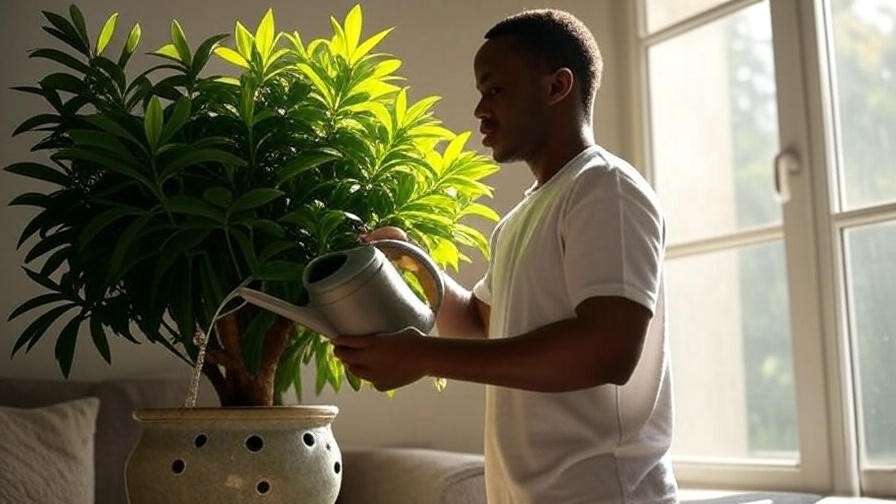 "Person watering a money tree with care tools in a bright room