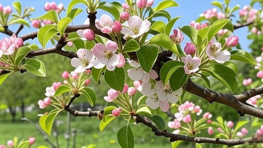 "Close-up of pear tree blossoms with bees pollinating, green leaves, natural garden background."
