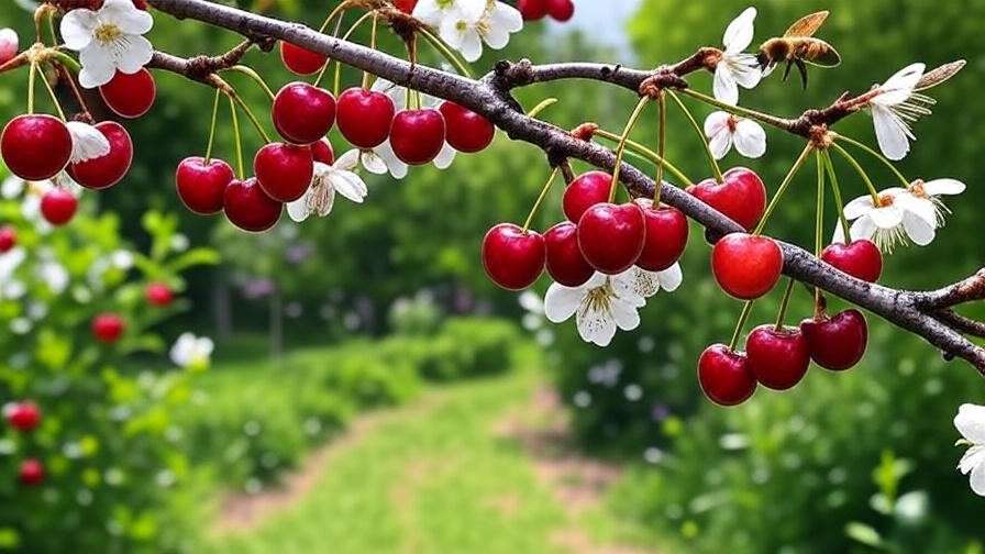 "Close-up of cherry tree branch with ripe cherries and bees pollinating, lush garden background."