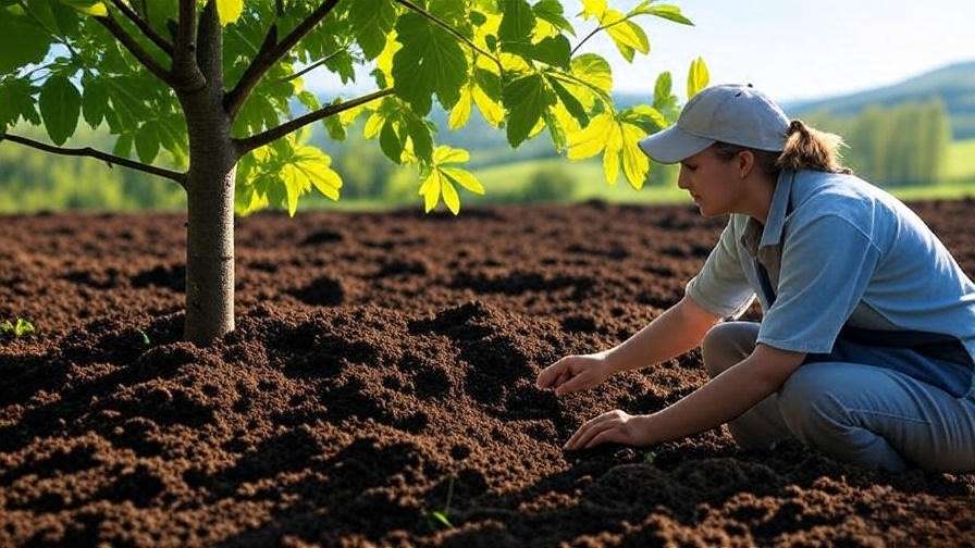 Gardener testing soil near a healthy locust tree with compost in a spring landscape